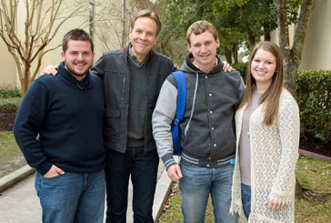 CSU chapel speaker: 'Gray areas' reveal your faith Dave Edwards, second from left, greets students after Chapel at Charleston Southern University. (Photo by Rick Esposito)
