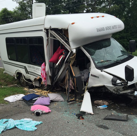 Hagood Avenue Baptist Church bus following a wreck in Tennessee. Church members were on their way home from a mission trip when the accident occurred. (Photo by Cleveland, Tenn., police department)