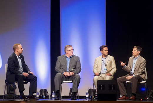 Speakers addressed political engagement Aug. 5 at "The Gospel and Politics" — the second national conference sponsored by the Ethics & Religious Liberty Commission. Pictured are (left to right) moderator Phillip Bethancourt, Jim Daly, Samuel Rodriguez and Russell Moore. (Photo by Alli Rader)